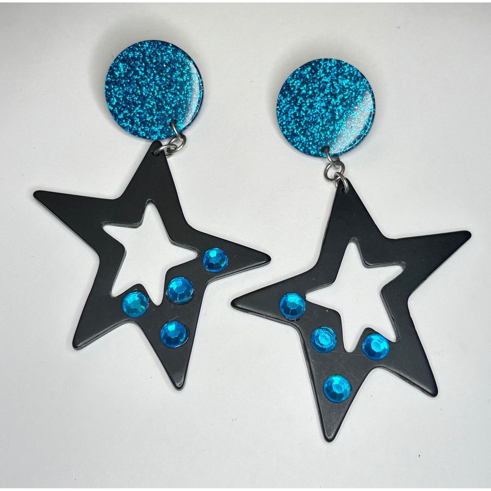 1980s Statement Earrings Star Teal Glitter Rhinestone Drop Pierced Acrylic